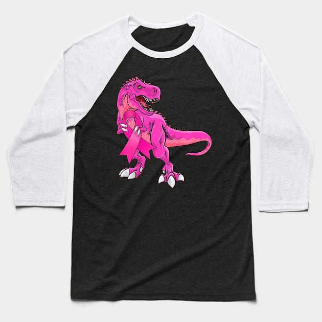 T-Rex Dinosaur Pink Ribbon Breast Cancer Awareness Baseball T-Shirt by cyberpunk art